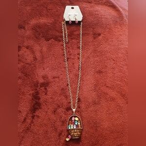 Gold-Tone Multi-Stone Easter Basket Pendant Necklace with cute Pink earrings🌺🐇